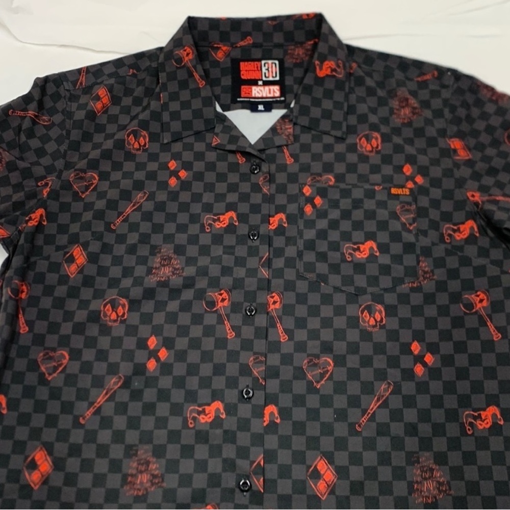Women RSVLTS Harley Quinn Black Gray Checkered Short Sleeve Button Shirt Size XL